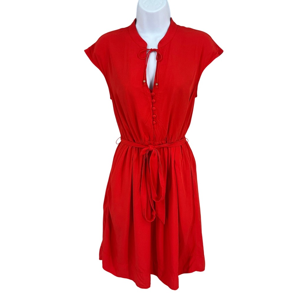 Maeve‎ Anthropologie Dress Women XS Red Tie Neck Button Front Mini Classic